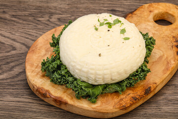 Caucasian suluguni round cheese piece