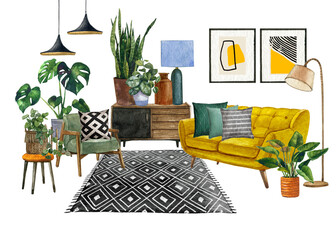 Watercolor Interior background with mid-century modern furniture, Interior Decor Scene.Room with houseplant,rug, yellow sofa, green pillows.Housewarming print.Tropical boho home