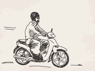 Naklejka na ściany i meble Sketch of man riding scooter Hand drawn vector illustration