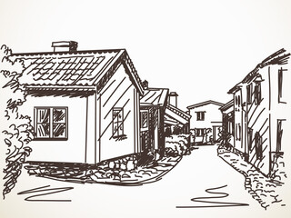 Sketch of town street with small houses Vector illustration