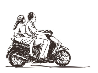 Obraz na płótnie Canvas Sketch of couple riding scooter Hand drawn vector illustration