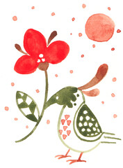 太陽と花くわえ鳥