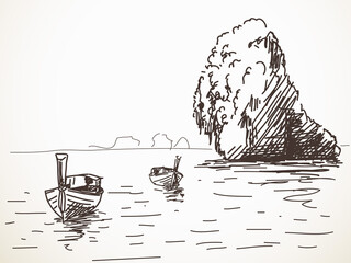 Thailand island landscape, Limestone rock, Long tail boats, Hand drawn Vector illustration © art_of_line