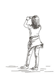 Women taking a photo with smart phone, Hand drawn illustration sketch