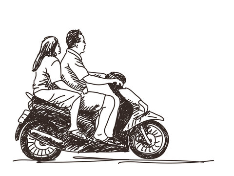 Sketch of couple riding scooter Hand drawn vector illustration