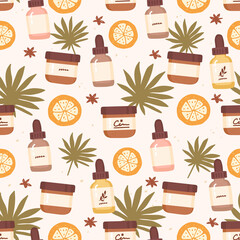 Seamless pattern with cosmetic packaging. Serum bottles and cream jars. Tropical leaves and orange slices. Cosmetology, skin care, spa, essential oils and relaxation. Hand-drawn background, vector.