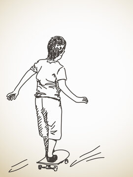 Sketch of boy on skateboard, Hand drawn Vector illustration