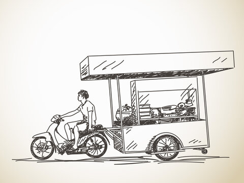 Asian street food restaurant with motorbike, Hand drawn vector sketch