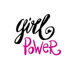 Fototapeta na wymiar Girl power text, feminism slogan. Black inscription for t shirts, posters and wall art. Feminist sign handwritten with ink and brush.