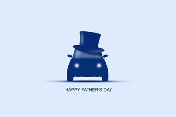 Happy father's day background. Silhouette of a car in a hat cylinder on a blue background.