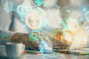 Double exposure of forex graph with man working on computer on background. Concept of market analysis.