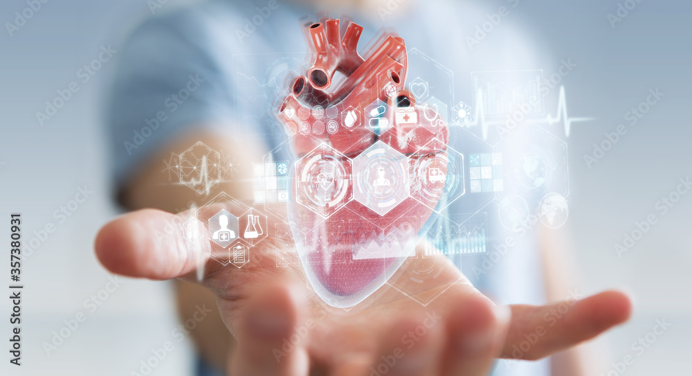 Poster Man using digital x-ray of human heart holographic scan projection 3D rendering