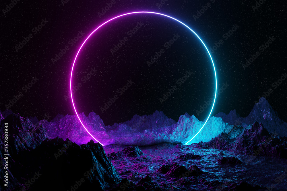 Aufkleber abstract background with blue and pink neon light circle reflecting on asteroid ground 3d rendering