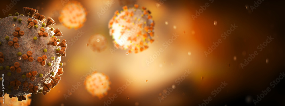 Poster microscopic close-up of the covid-19 disease. coronavirus illness spreading in body cell. 2019-ncov 