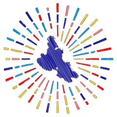 Sketch map of Krk. Sunburst around the island in flag colors. Hand drawn Krk shape with sun rays on white background. Vector illustration.