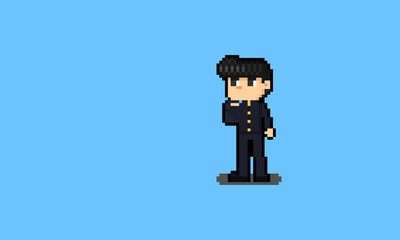 Pixel art cartoon japanese boy in student uniform character.