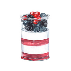 Watercolor illustration Berry dessert in a glass