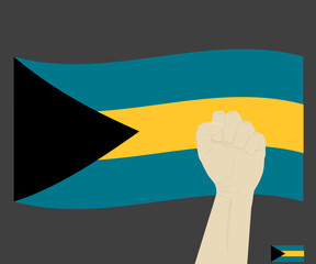 Fist power hand with Bahamas National flag, Fight for Bahamian People concept, cartoon graphic, sign symbol background, vector illustration.