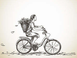 Fototapeta na wymiar Sketch of girl with basket on bicycle Vector illustration
