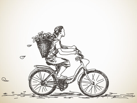 Sketch of girl with basket on bicycle Vector illustration