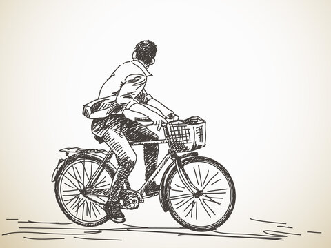 Sketch of bicyclist looking back, Hand drawn Vector illustration