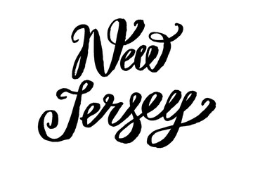 Fototapeta na wymiar USA States vector name phrase. Brush calligraphy of the New Jersey. Hand-drawn typography of the USA with the name of the state. Modern brush ink lettering. America typographic sign.