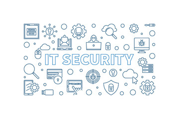 Fototapeta na wymiar IT Security vector concept outline simple horizontal banner or illustration