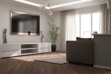 modern room with sofa,tv set,lamp,cupboard,plant and curtains