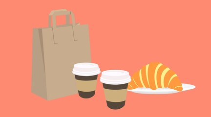 Vector Isolated Illustration of a Coffee Take Away Set, with a paper bag, two paper coffee cups and a croissant