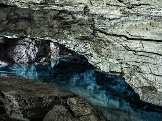 Lake inside an underground cave. Speleology