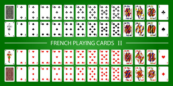 Poker set with isolated cards on green background. 52 French playing cards with jokers.