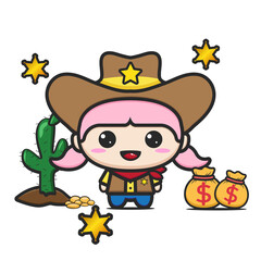 Cute kid in a cowgirl costume. Isolated money bags and cactus trees against a white background