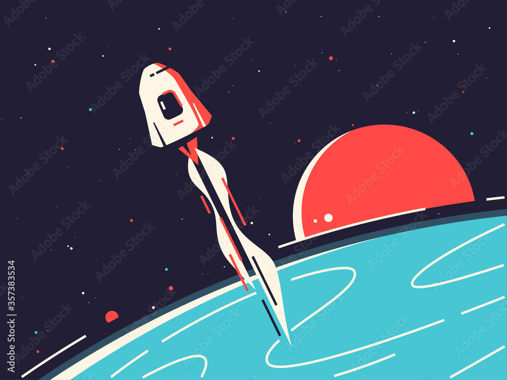 Wall mural vector illustration of a reusable spacecraft entering into orbit around the planet