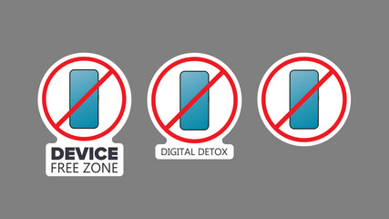 Set of stickers. Strikethrough phone icon. The concept of ban devices, free zone devices, digital detox. Blank for sticker. Isolated. Vector.