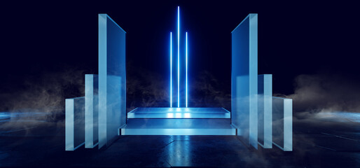 Smoke Fog Neon Laser Sci Fi Futuristic Glass Pillars Stage Podium Glowing Blue Cyber Synth Alien Spaceship Garage Concrete Reflective Background 3D Rendering
