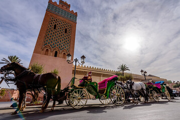 Horse carriage waiting for customers for a ride around the medina of Marrakech. 