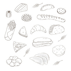 Vector illustration. Set of baking objects in the form of hand-drawn pictures, baguette, sandwich, hamburger, donut, croissant, shawarma isolated on a white background.