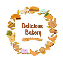 Round frame delicious bakery with traditional bakery products
