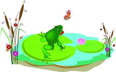 A cute green frog sits on a leaf of a water lily in a pond and catches a beautiful butterfly. Vector illustration for design.