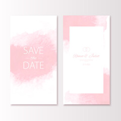 Wedding pink color invitation card with watercolor spot. Vector luxury invite with save the date text