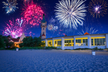 Fireworks display in Sopot at the Molo - pier on Baltic Sea, Poland