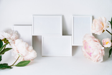 White mock up poster .Home decor, interior with frame and plant