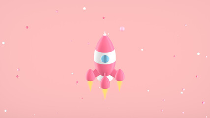 3D rendering of a vintage toy rocket flying spinning among the stars on pink. Space travel cartoon style.