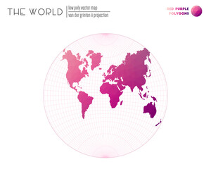 Abstract world map. Van der Grinten II projection of the world. Red and purple colored polygons. Awesome vector illustration.