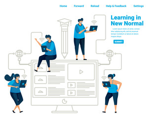 New normal learning for students in the pvidemic covid 19. Utilizing technology and internet connection for learning. Illustration design of landing page, website, mobile apps, poster, flyer, banner