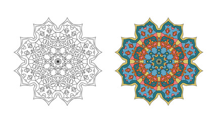 Mandalas for coloring books, outlined and colored.