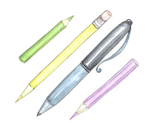 Fototapeta premium Set of yellow, green and purple pencils and blue pen painted by watercolor isolated on white