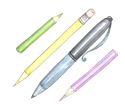 Set of yellow, green and purple pencils and blue pen painted by watercolor isolated on white