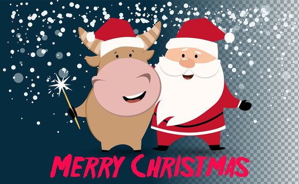 Christmas or New year tree. Cute ox, cow, bull. 2021 Winter background with cow. Ox horoscope sign. Chinese year of ox 2021. Happy New Year. Concept image of symbol Chinese new year