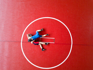 Aerial view of two wrestlers competing on a red wrestling mat. 